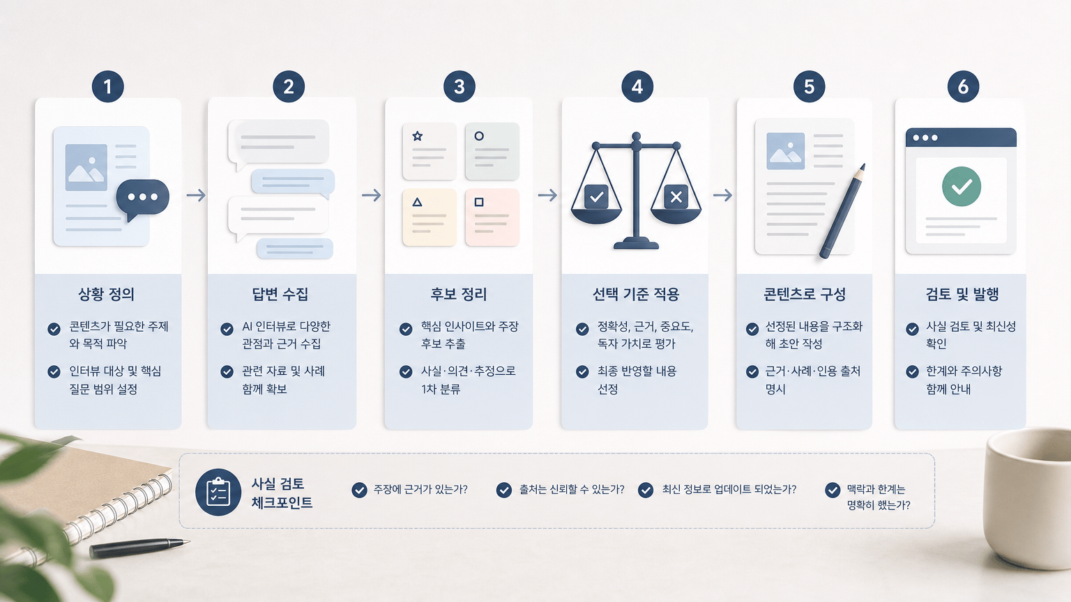 AI 인터뷰 답변을 신뢰 가능한 콘텐츠로 정리하는 6단계를 설명하는 본문 삽화